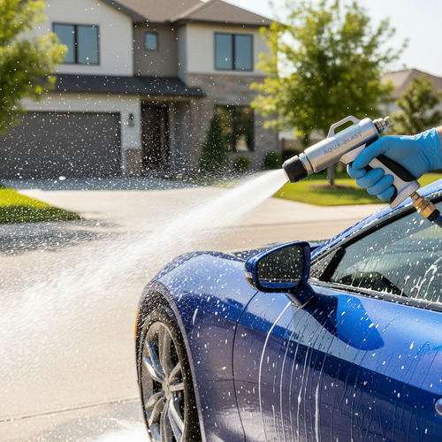 High-pressure water gun washing a car