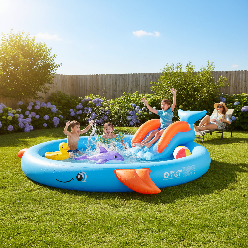 Large inflatable swimming pool in a sunny backyard with family enjoying summer
